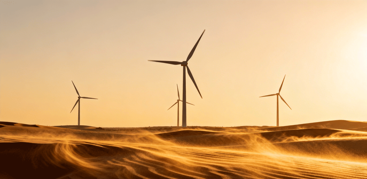 jimeng-2025-12-05-9769-沙漠中有几台风力发电机,有金色的风吹过 جيمنغ-2025-12-05-9769-沙漠中有几台风力发电机،有金色的风吹过