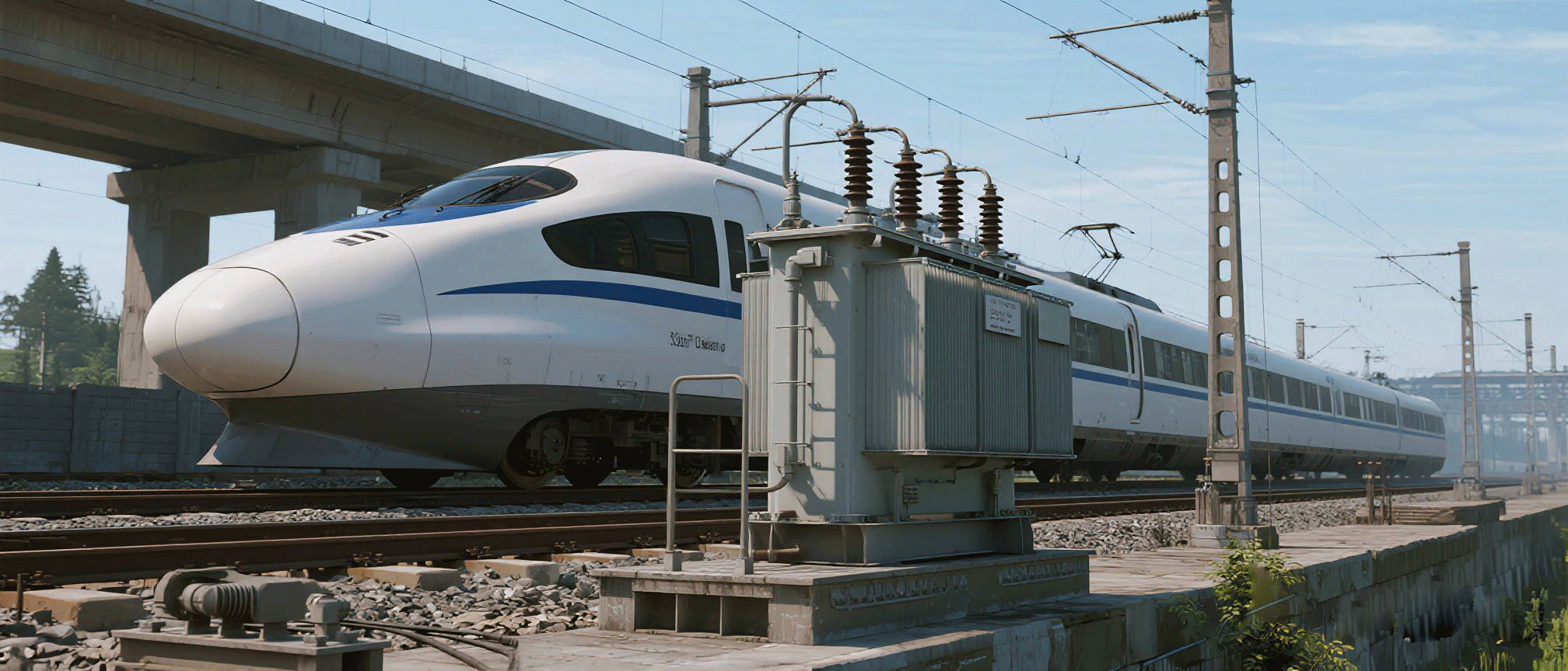 Jimeng-2025-07-04-9722- 高铁和变压器 ， 变压器在前面 ， 高铁在后面